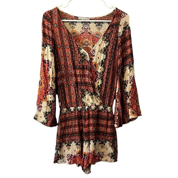 American Eagle Women‎ XXS Paisley Boho Romper Bell Sleeve Preppy Hippie Office - Picture 1 of 16